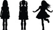 © Md - Silhouette girls in motion, standing pose, hairstyle variety, abstract child form, playful gesture, dress and boots, youthful energy, black figures