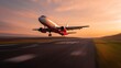 © Ivy - aerodynamics. Commercial airplane taking off with motion blur and golden sunset lighting. inspiring travel planning, mobility guides, designed for mobility and urban transit guides.
