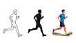 © Hussain - Set of three illustrations showing a man running line art, silhouette and fullcolor realistic drawing a ground surface