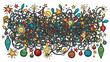 © stocker777 - Tangled Christmas lights and colorful holiday ornaments create a chaotic festive mess in a hand-drawn cartoon illustration style with glowing bulbs and stars
