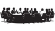 © VectorVibe - Silhouette vector illustration of a large corporate boardroom meeting with multiple executives seated at a conference table for business strategy discussion
