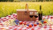 © photoplotnikov - Summer picnic scene with wine and basket on checkered blanket in meadow
