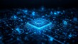 © MD - Closeup of a glowing blue central processing unit chip on a futuristic digital circuit board, representing artificial intelligence and advanced technology
