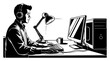 © Katarzyna - Young man with headphones working on computer at desk black and white vector illustration