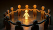 © jian - 3D render of human figures holding hands in a circle, spotlight emphasizing one person. Leadership, individuality, talent recognition, and team support concept. Dark background.