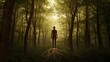 © Future Vision - Standing dark silhouette sending glowing root tendrils into underbrush in misty deciduous forest
