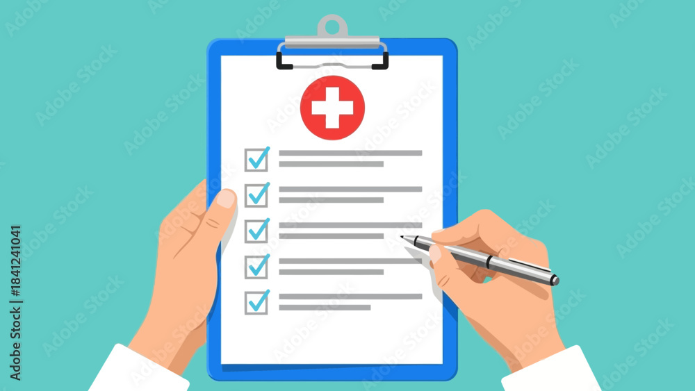 Doctor completing medical checklist on clipboard with red cross symbol ...
