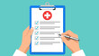 © Mamun - Doctor completing medical checklist on clipboard with red cross symbol background