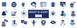 © icons Studio - Smart AI agent solid icon set featuring virtual chat bot assistant, digital robot support, machine learning brain, and voice technology automation vector symbols