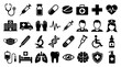 © David - Large collection of black medical icons representing various healthcare and hospital elements like a stethoscope, syringe, ambulance, and doctor symbol in a simple glyph style