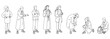 © ElementHub - CAD top view vector of individuals in complex natural poses- leaning sideways, reaching across body, kneeling, sitting on ground, picking an item, crossing arms. Vector illustration