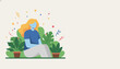© VisualSource - Woman relaxing among houseplants with confetti modern vector illustration offering copy space