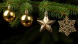 © kashif - baubles, star, snowflake—hanging elegantly from a green fir branch against a dark background.