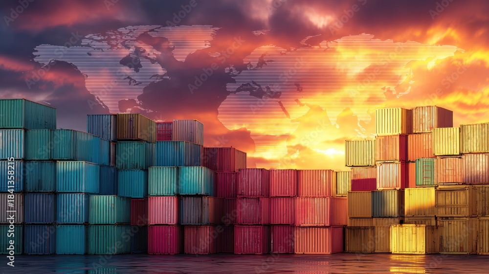 Shipping containers stacked high at a cargo port with a world map ...
