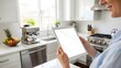 © Jahidul610 - Woman using digital tablet in bright kitchen workspace for reading or browsing