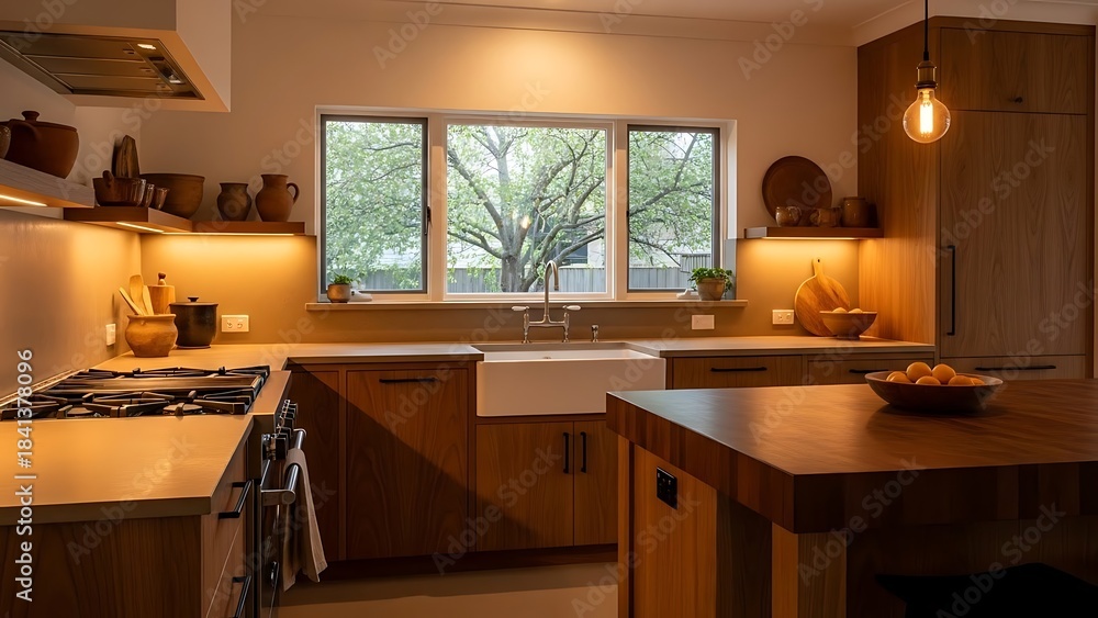 Modern kitchen interior with warm wooden cabinets, white farmhouse sink, and under-cabinet lighting, featuring a large window overlooking a tree.