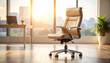© Modern Lifestyle  - Modern office chair in sunlight highlights employment decline pattern in contemporary workspace interior with city view