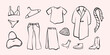 © Iana - Hand drawn clothing set with jackets, skirts, jeans, dresses, shoes, accessories, and hangers. Perfect for fashion branding, and design. Vector illustration.