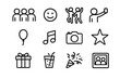 © Olha - Group Fun Icons. Group fun. Line outline icon set of group fun: friends, smile, dance, selfie, balloon, music