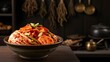 © echy - A close-up, eye-level shot of a large bowl filled with vibrant red kimchi, garnished with green onions and chili flakes, set against a rustic kitchen backdrop