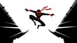 © CandyLove - Dynamic silhouette of a ninja warrior in midair jump against a stark white background