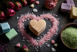 A soothing composition arranged with colorful bath items: pink and green salts shaped into a heart surrounding a marbled soap bar. Dried rosebuds enhance the romantic, spa-like feel, making it ideal