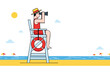 © Wanlisjutawani - Lifeguard on chair observing beach with binoculars, lifebuoy, sun, sea