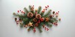 © The 2R Artificiality - Holiday floral display featuring pine cones, fir branches, and red berries for seasonal decoration, flat lay on a white surface