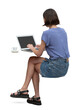 © Martin - Woman sitting on an invisible chair seen from back angle and working with a computer, isolated on white and transparent background