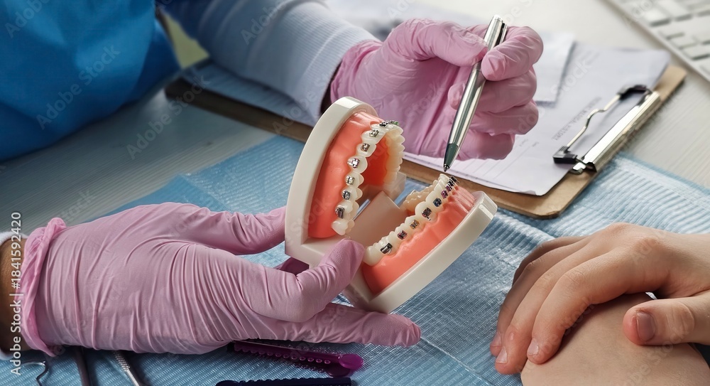 Demonstration of dental braces on a model during an orthodontic