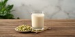 © GenZGraphics - Glass with soy milk and soybeans on a plate plant-based nutrition, suitable for healthy eating campaigns