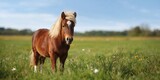 Small horse with a white mane in lush green pasture, focusing on animal health and grooming practices