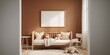 © vxnaghiyev - Modern kids' bedroom featuring a brown accent wall and a blank horizontal frame, suitable for interior mockup presentations