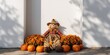 © vxnaghiyev - A scarecrow toy amid autumn flowers on a white wall, seasonal decor for Halloween observance