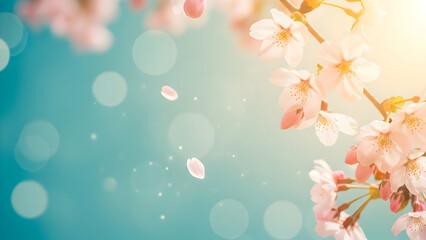 Naklejka na meble Delicate cherry blossom branches in soft sunlight with floating petals and bokeh effect capturing