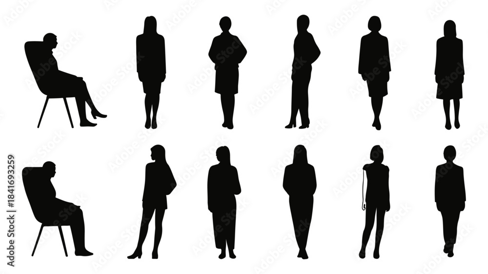 Collection of 12 black silhouette cutouts of people standing and sitting in various poses for architectural visualization