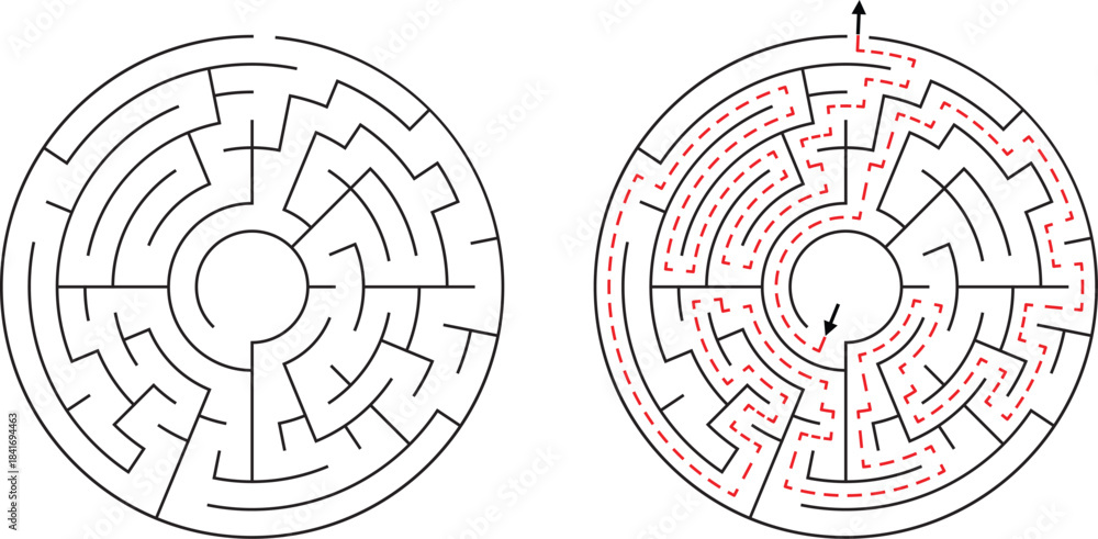 Circular maze with solution path shown in red dashed lines labyrinth ...