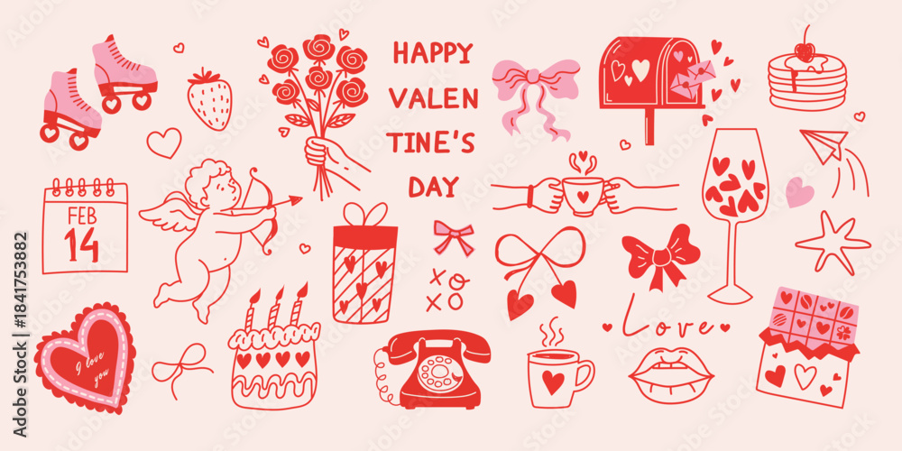 Hand drawn vintage Valentine’s Day elements set with cute bows, roller ...