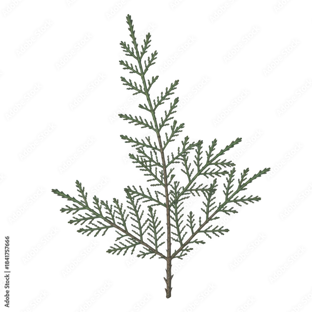 Green cedar branch with detailed foliage isolated on a transparent background leaves
