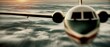 © maxbarbosac - Forward view of private jet approaching through clouds with soft cinematic blur and warm atmospheric light Concept of elite aviation journey