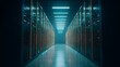 © Maryna - Long hallway with many computer servers. The lights are on and the room is illuminated. Scene is serious and focused