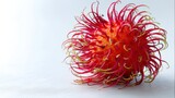 A rambutan fruit is shown with its hairy red skin. The fruit lies on a smooth surface. The bright light highlights its texture and color. It is often found in tropical climates.