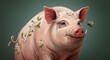 © dadtophoto - Charming painted portrait of a contented farm animal, featuring a plump swine adorned with delicate floral accents and an insect friend ,cheerful, blossom, contented