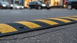 © Valentina Sorokina - Rubber speed bump on urban street with passing cars and shops