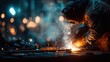 © mila103 - A worker uses a welding tool to join metal pieces in an industrial workshop at night. Bright sparks fly in the dark space as the worker wears safety gear for protection.