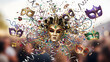 © Noyon - Masquerade carnival festival celebration with ornate masks, vibrant confetti, shimmering beads, and serpentine ribbons swirling in festive explosion of color and excitement