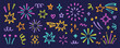 © AnyaLi - Crayon fireworks, sparkling stars doodle set. Kids chalk color firecracker, pencil confetti, sunburst, explosion in sketch style. Grunge texture. Hand drawn illustration
