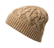 © David - Warm beige knitted beanie hat features intricate cable knit patterns and a ribbed brim, perfect for cold weather fashion and comfort.