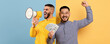 © Prostock-studio - Two men stand against a colorful background, one holds a megaphone while shouting and the other shows off a stack of cash. They both express joy and excitement in their accomplishments.