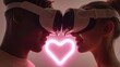 © Kristina - Romantic scene of a young couple wearing VR headsets and smiling at each other with a glowing pink heart between them.